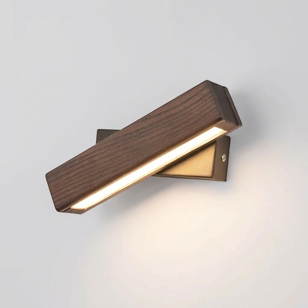 360° swivelling wooden wall light on a plain background