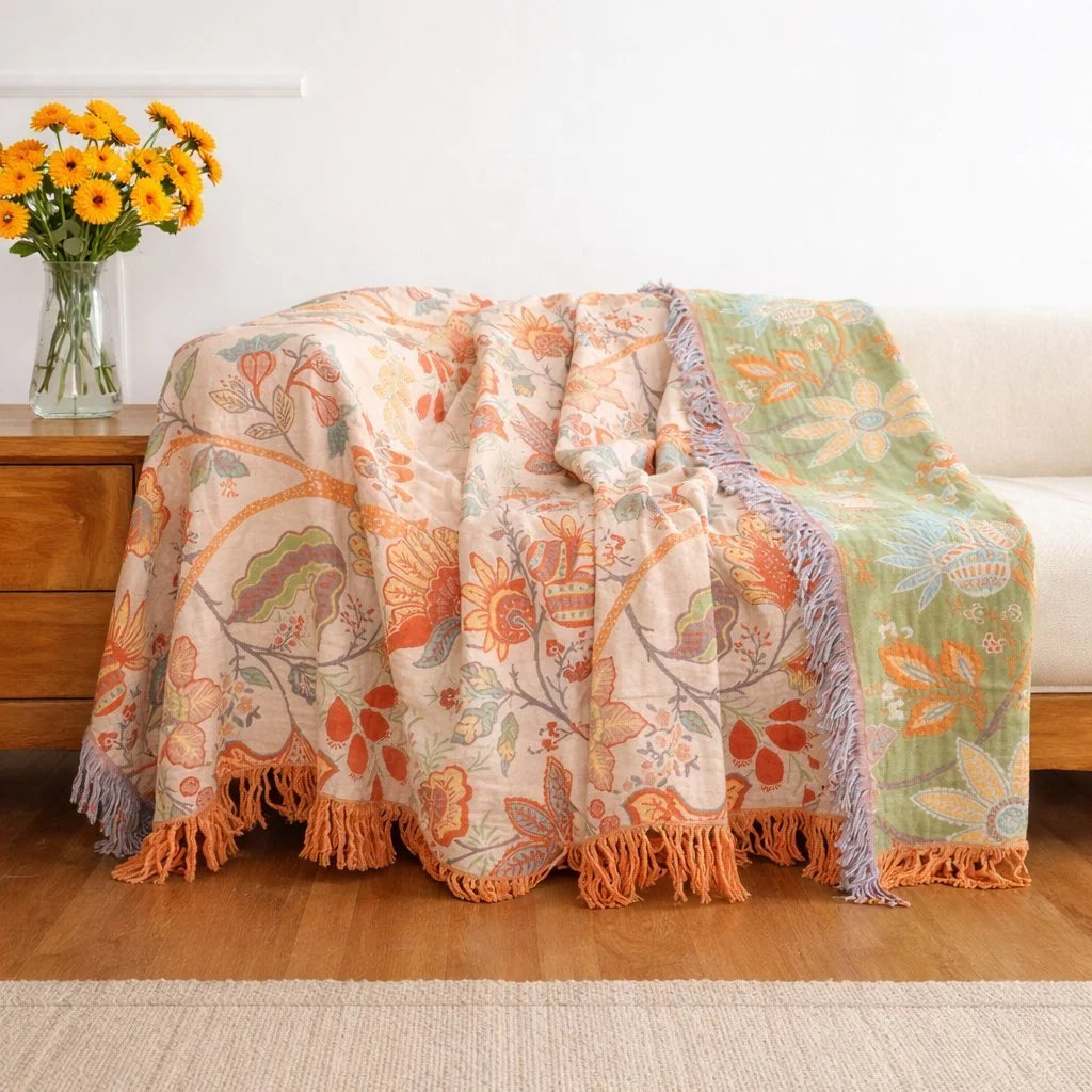 Artistic Boho | Colorful Floral Throw Blanket with Tassel Accents | Cozy Comfort for Home Decor 3