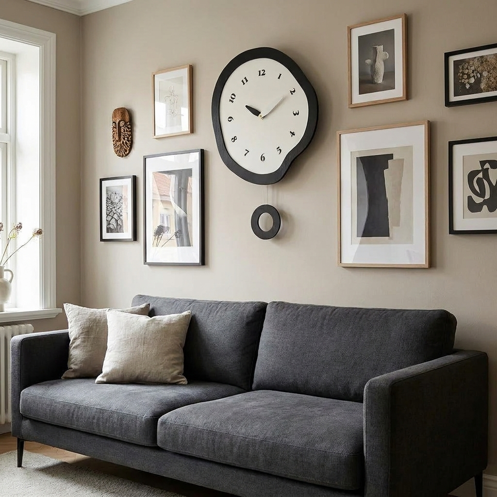 Abstract distorted wall clock on a living room gallery wall