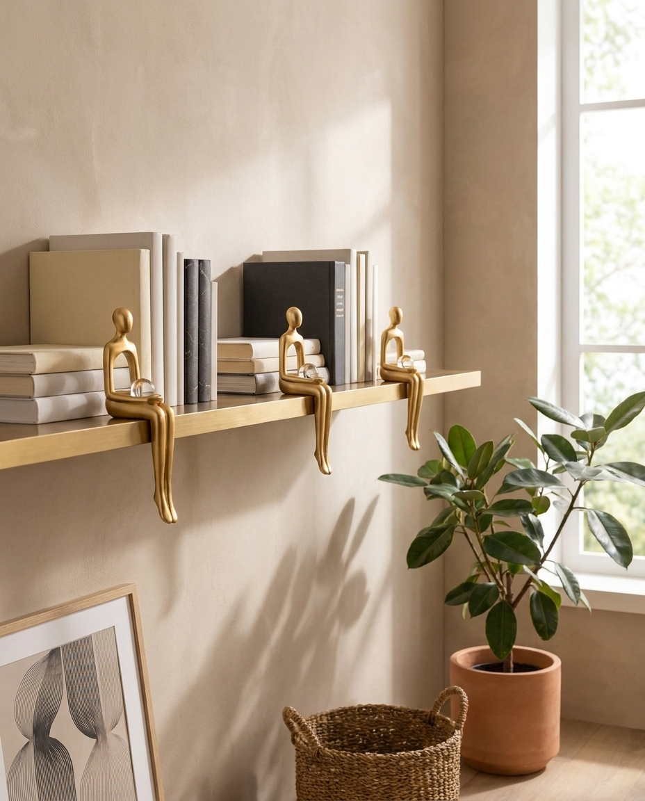 Abstract resin figurines displayed together on a floating bookshelf