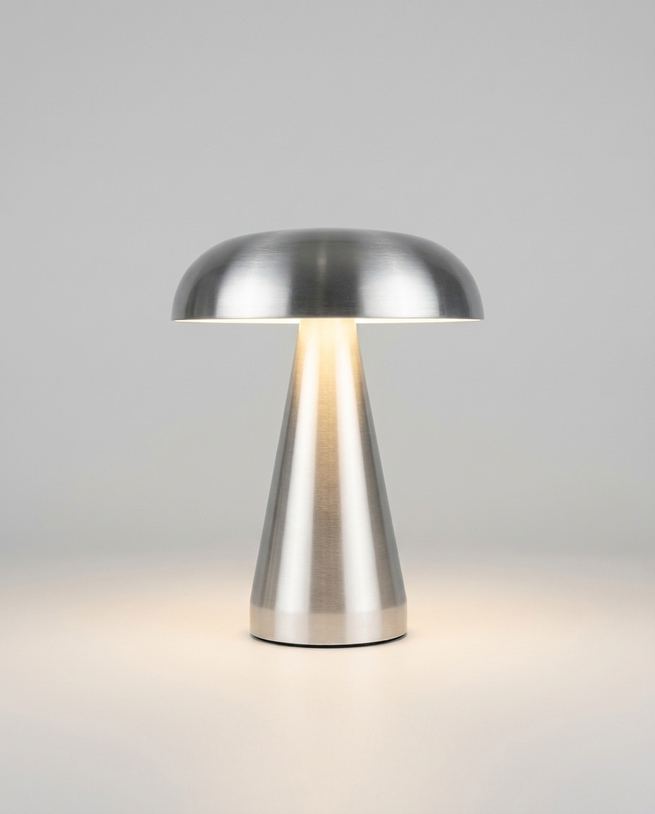 Battery-operated aluminium table lamp on a clean light neutral studio background