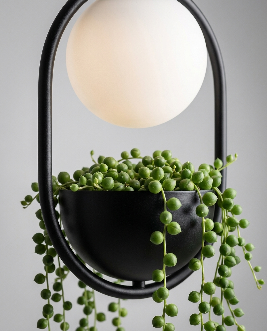 Close-up detail of the glass orb and integrated plant holder finish
