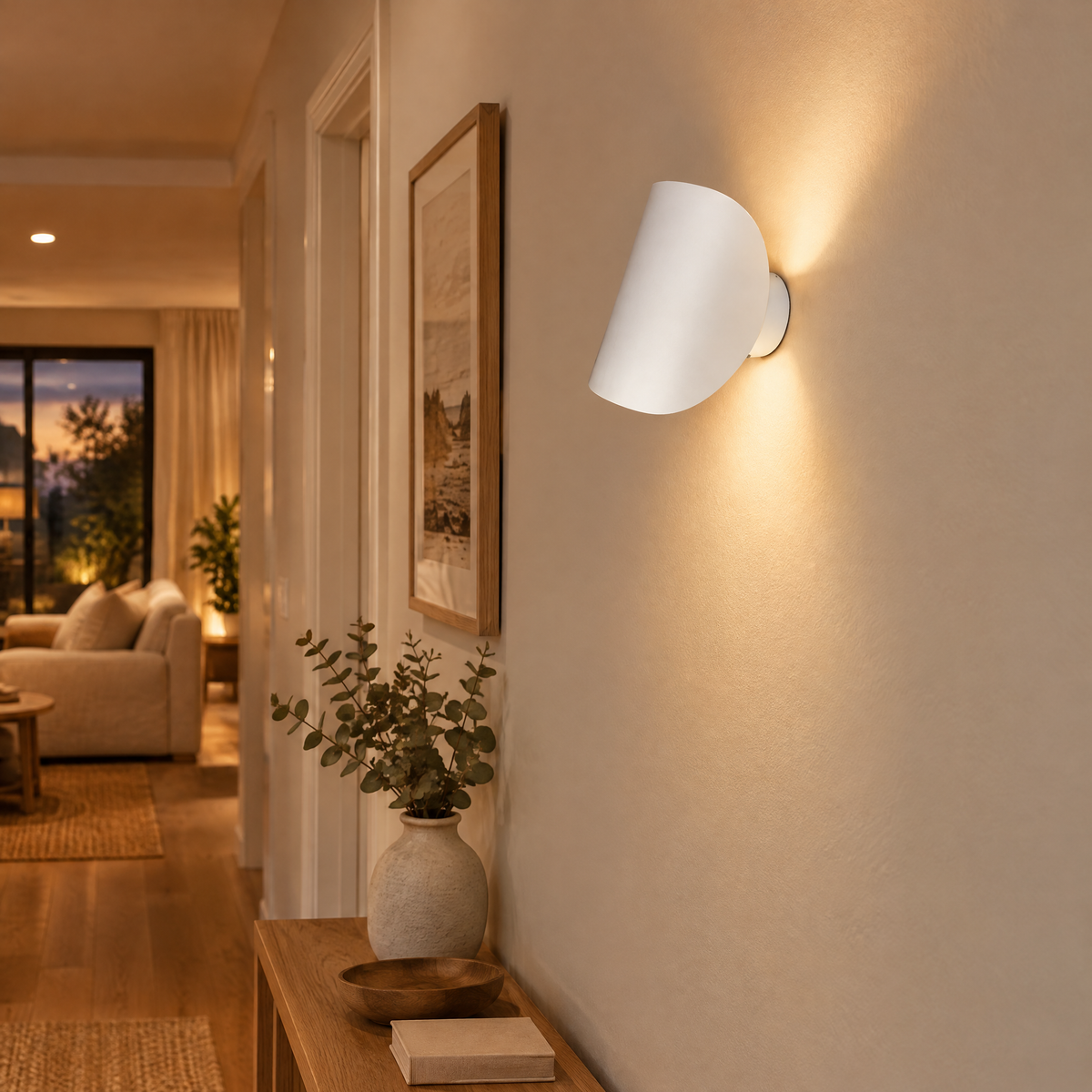 Curved LED wall light on a hallway wall