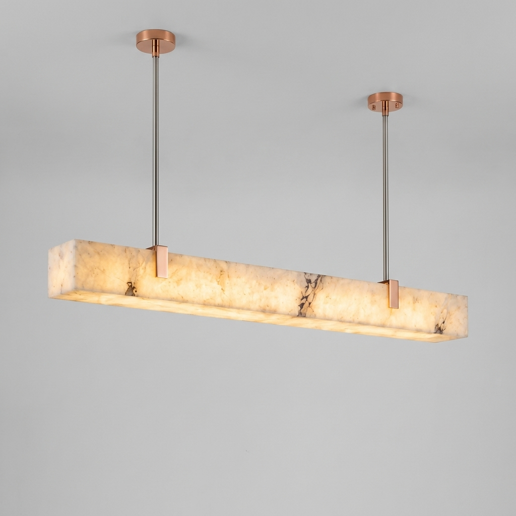 Faux marble linear pendant light on a plain background