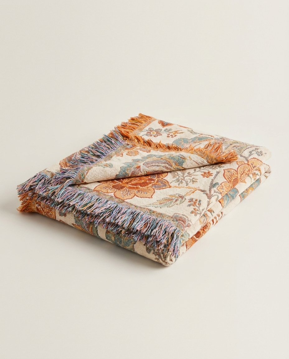 Floral cotton throw blanket on a plain background