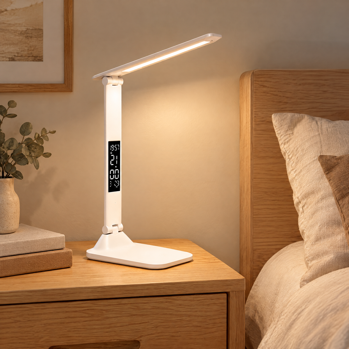 Folding LED desk lamp on a bedside table