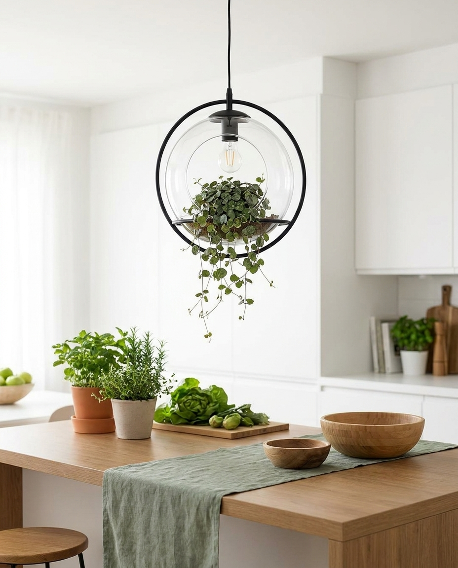 Glass pendant light with integrated plant holder over a modern kitchen island