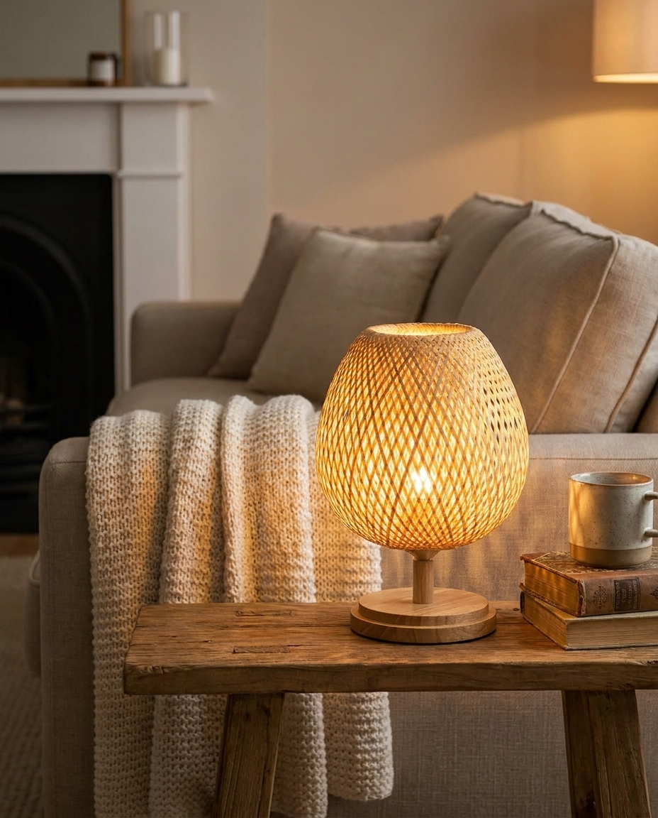 Handmade bamboo and rattan table lamp on a cosy living room side table