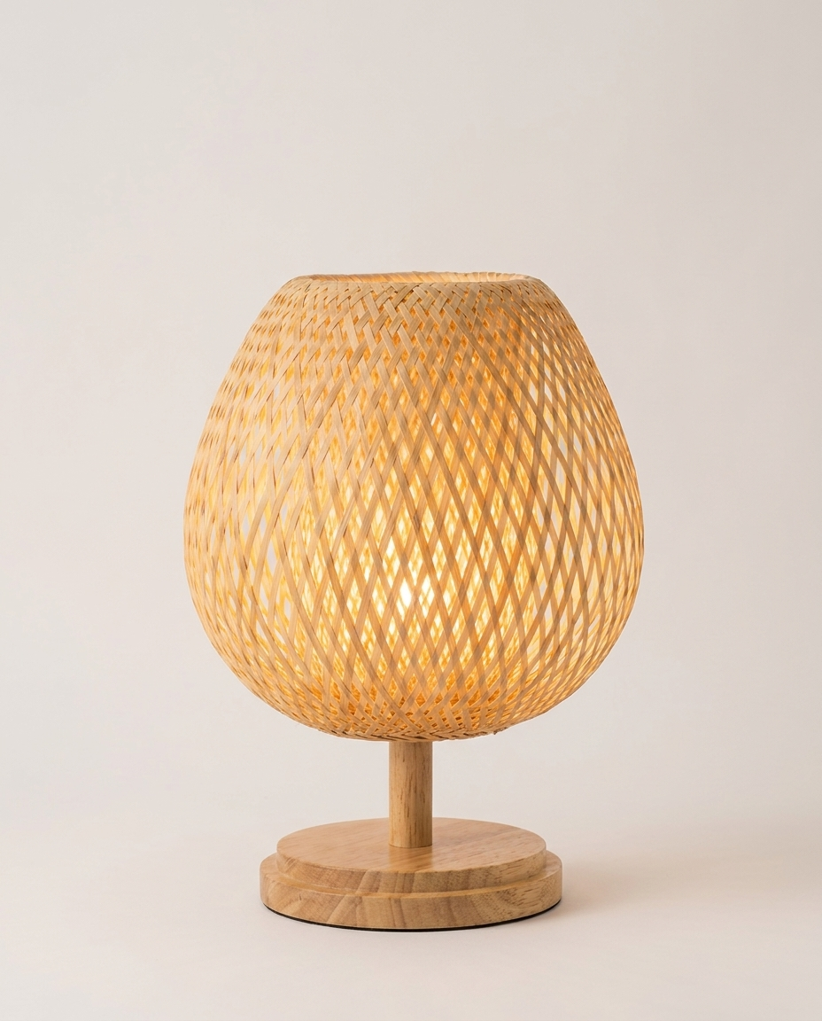 Handmade bamboo and rattan table lamp on a clean light neutral studio background