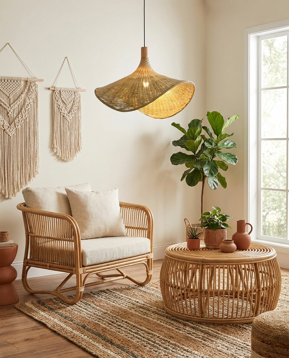 Handwoven Rattan Pendant Light in boho living room
