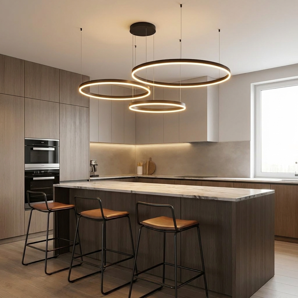 Black ring pendant over kitchen island
