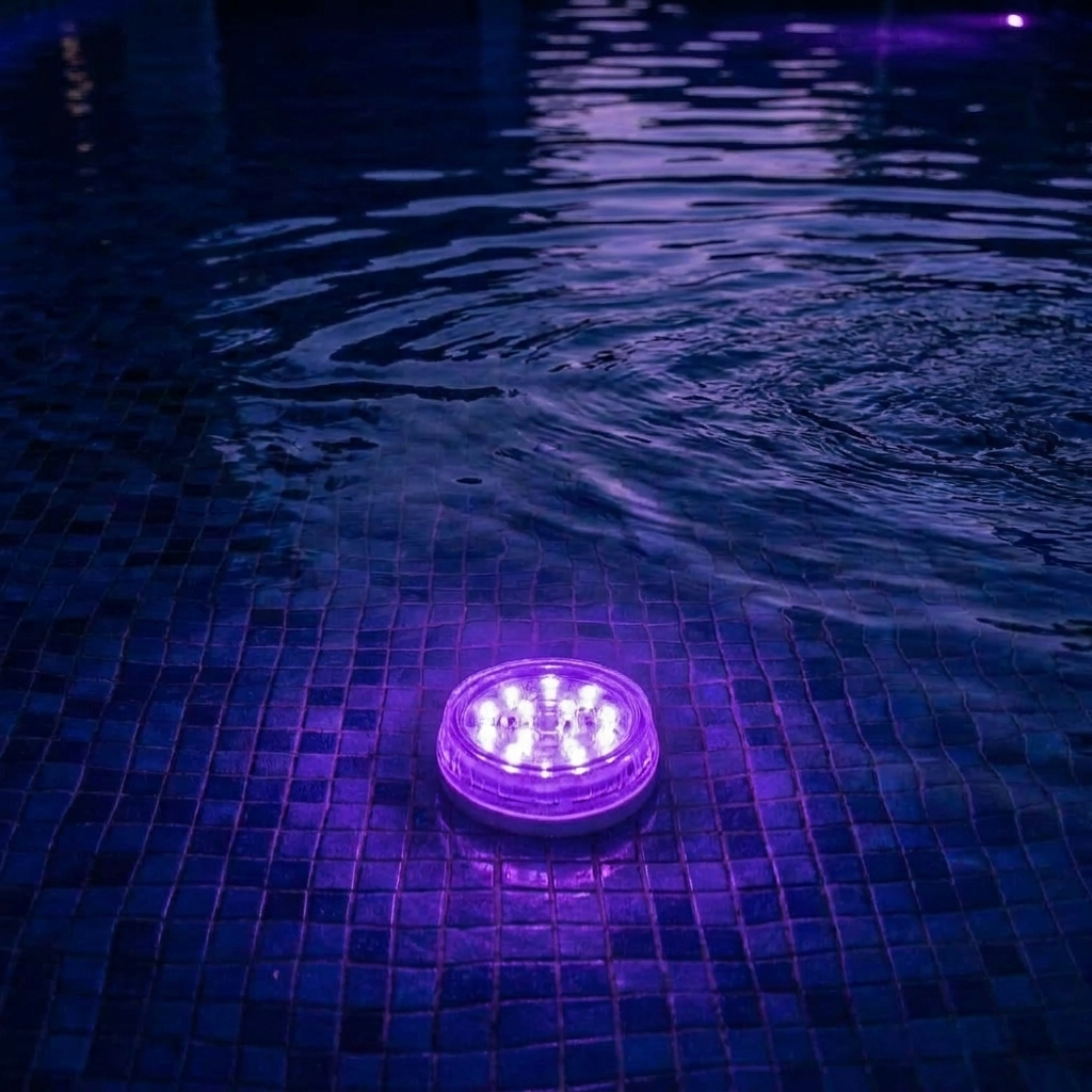 Light glowing purple underwater in a pool