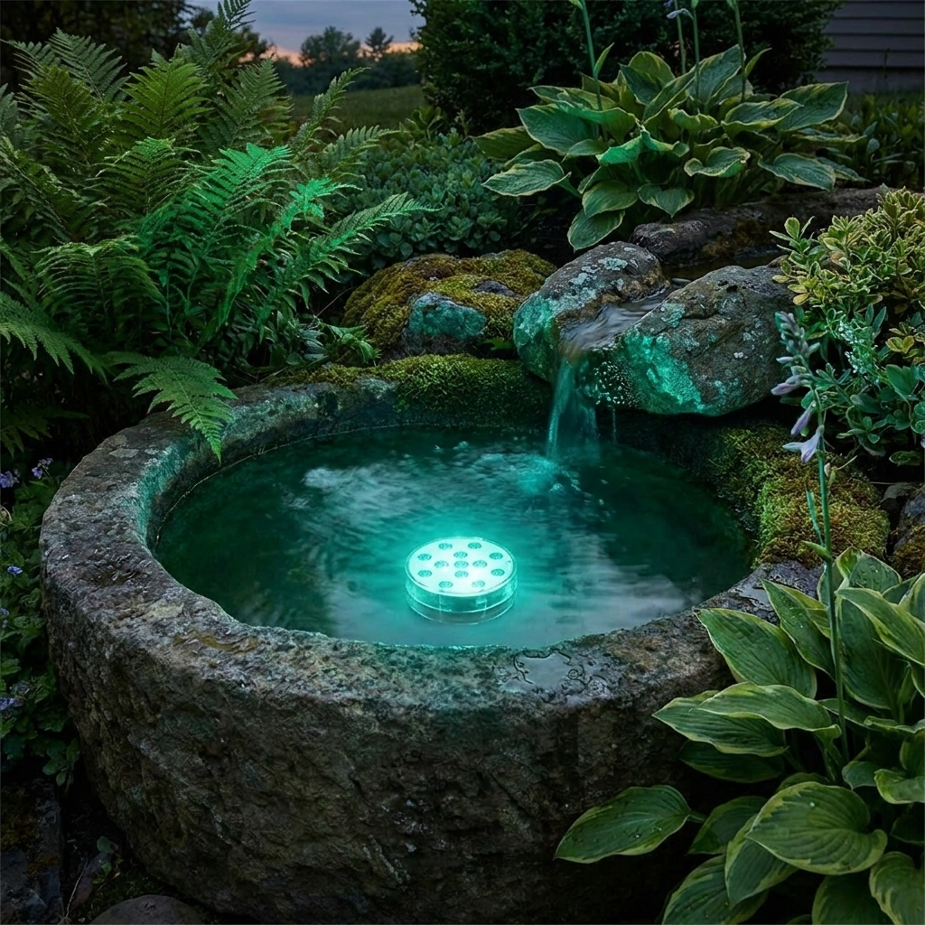 Light glowing teal in a garden fountain