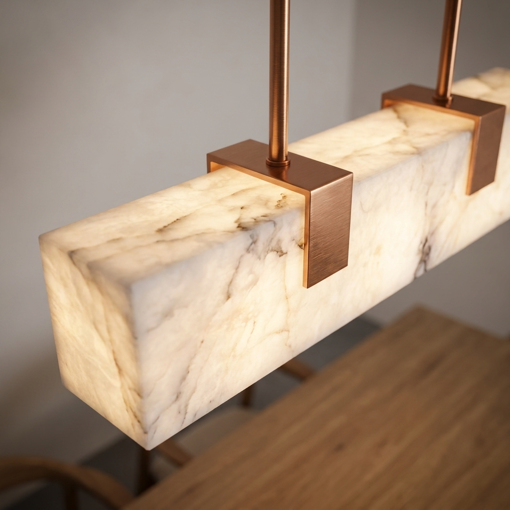 Close-up of faux-marble texture and copper fittings