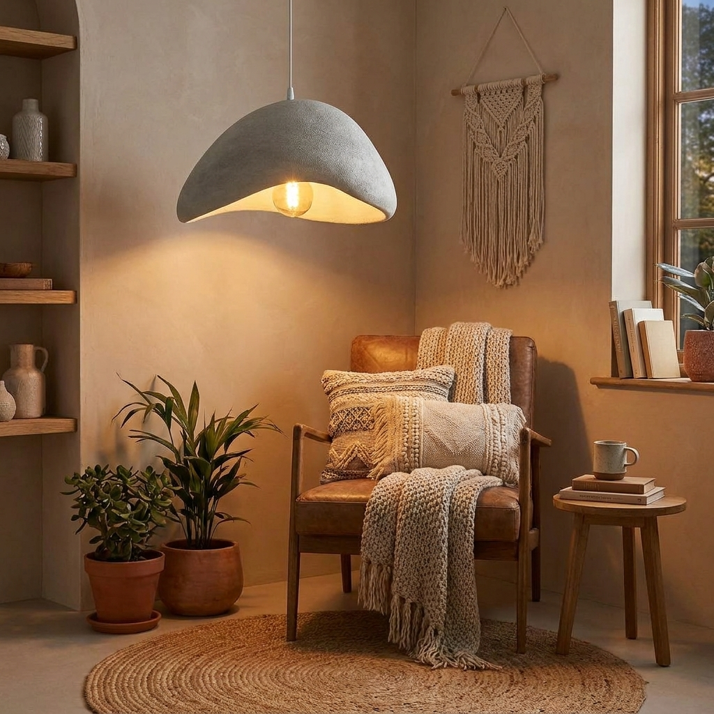 Grey chandelier in boho living room corner