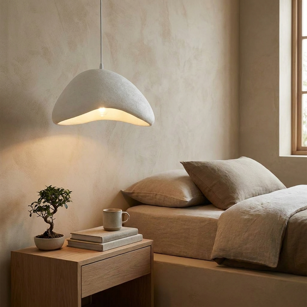 White chandelier in Japandi bedroom