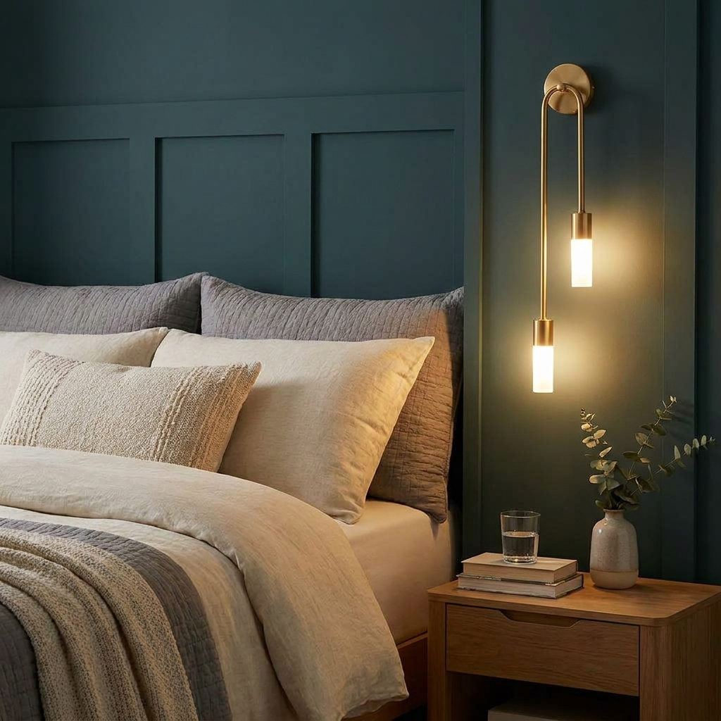 Sconce beside bed in bedroom