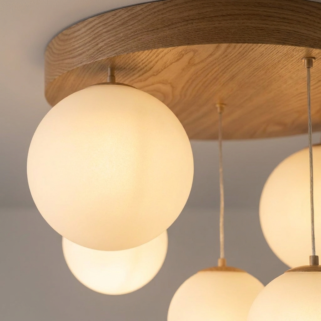 Close-up of acrylic spheres and wood-grain canopy