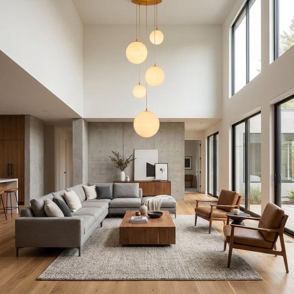Chandelier in open-plan living room