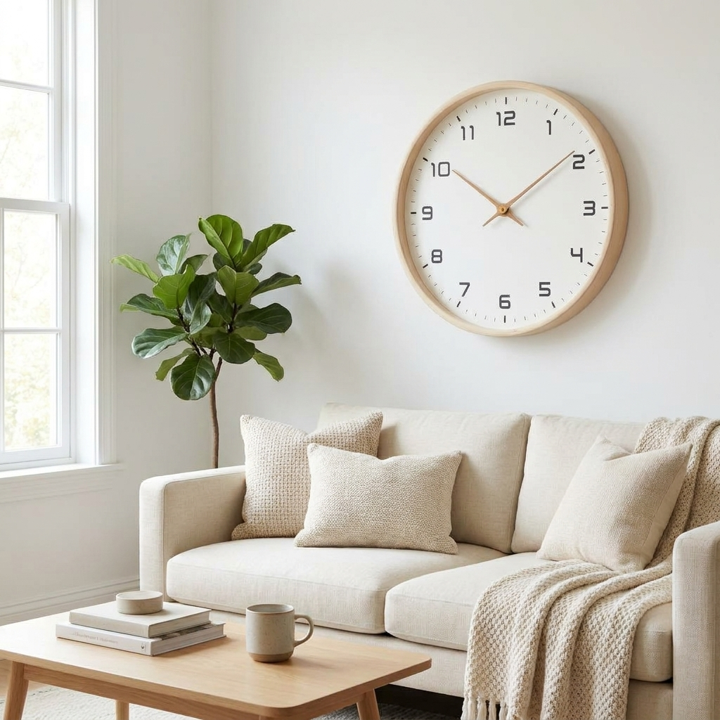 Wooden wall clock above a cream sofa in a Scandinavian living room