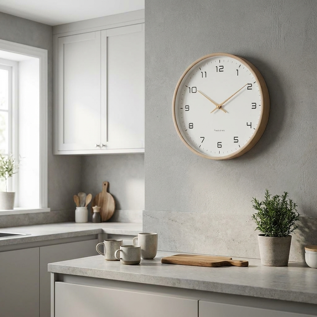 Wooden wall clock above a modern kitchen counter