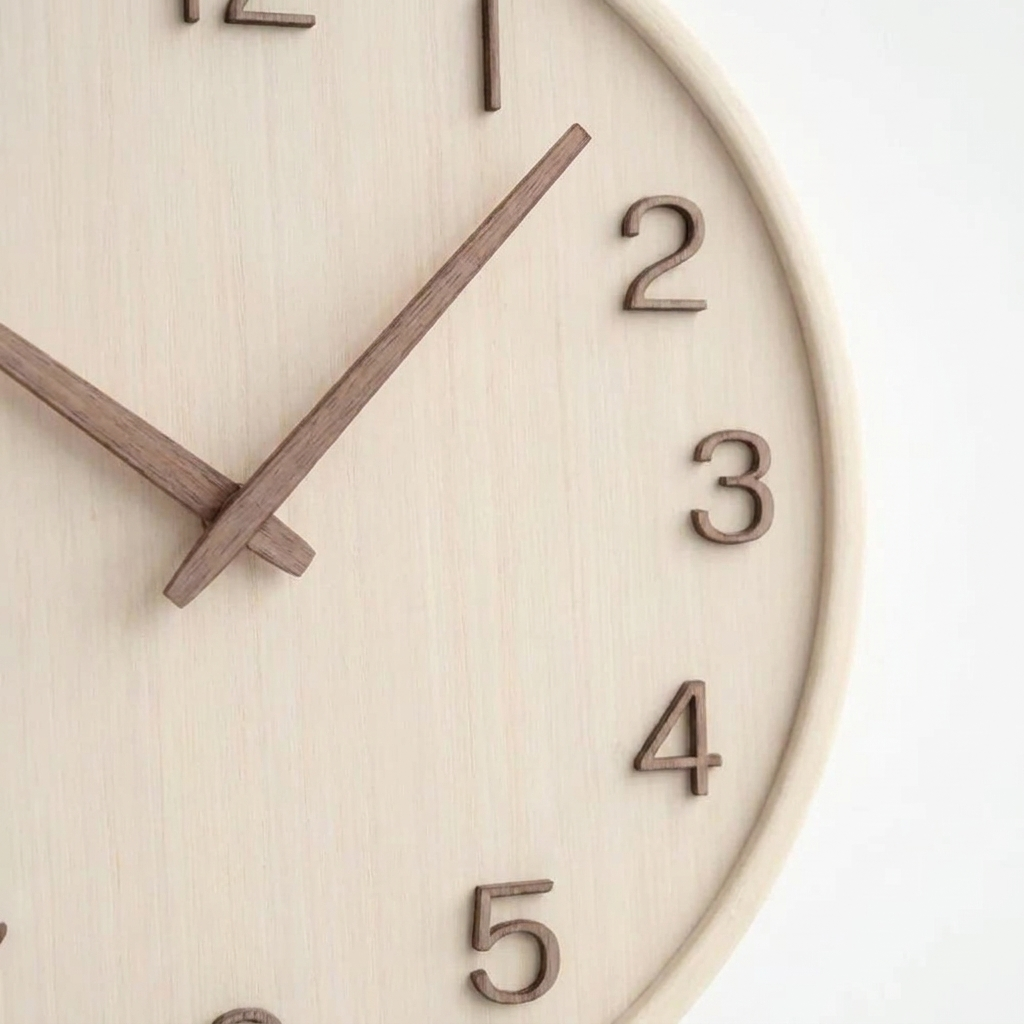 Close-up detail of all-wood wall clock face and grain texture