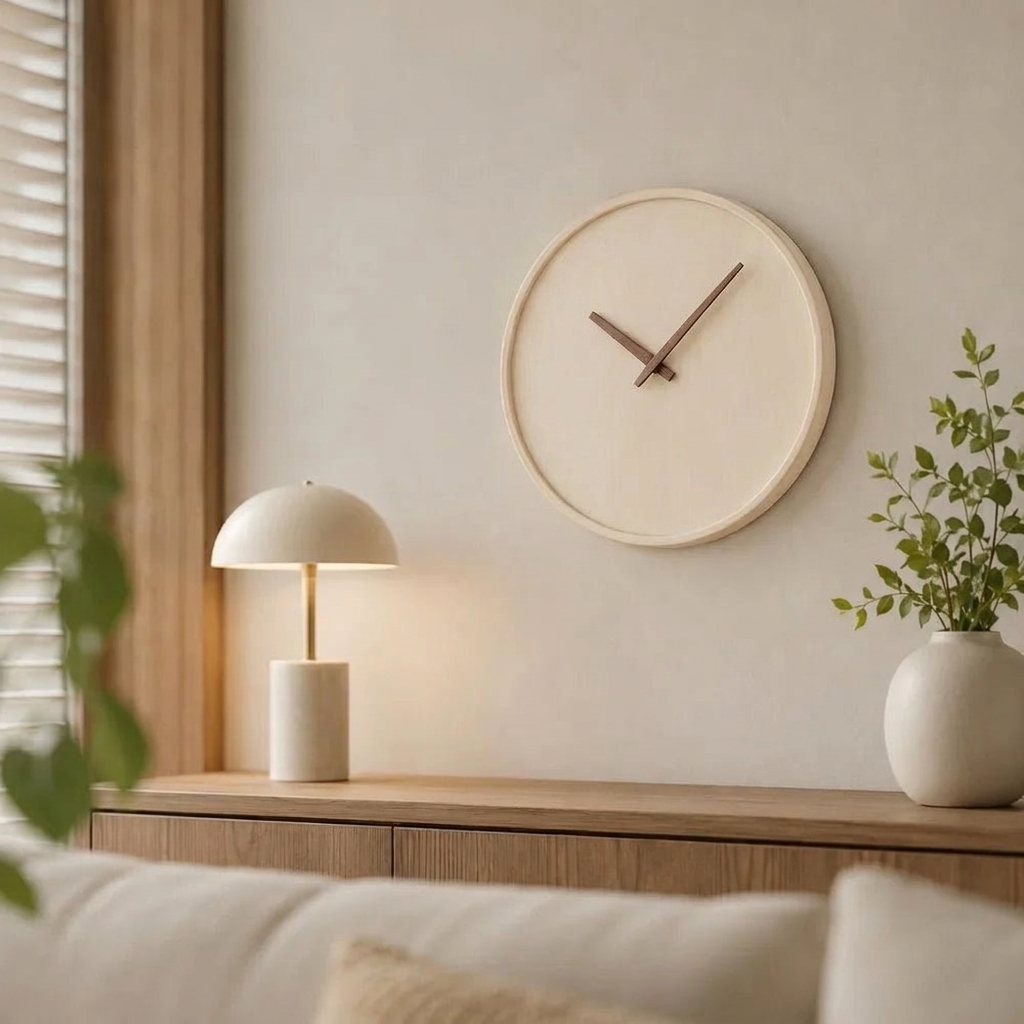 Minimalist wooden wall clock above a home office desk