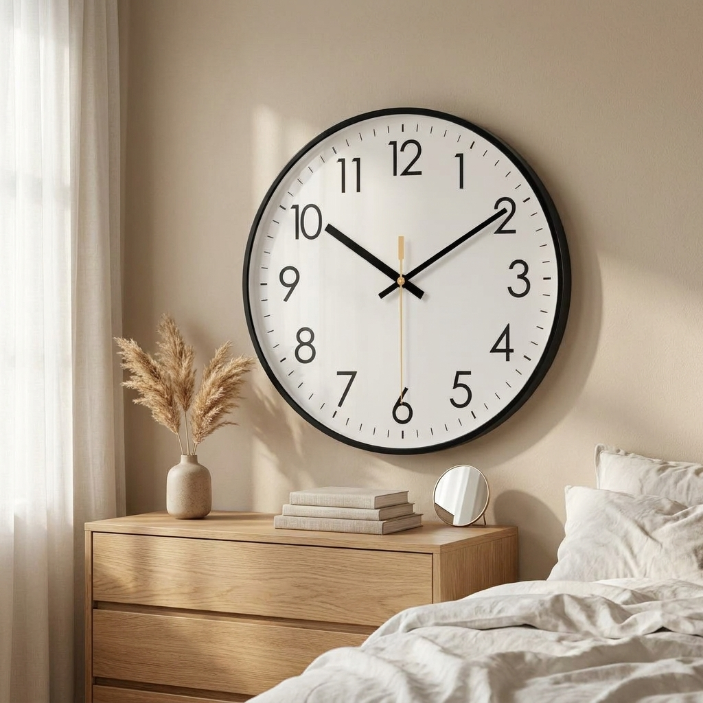 Minimalist Nordic wall clock above a bedroom dresser