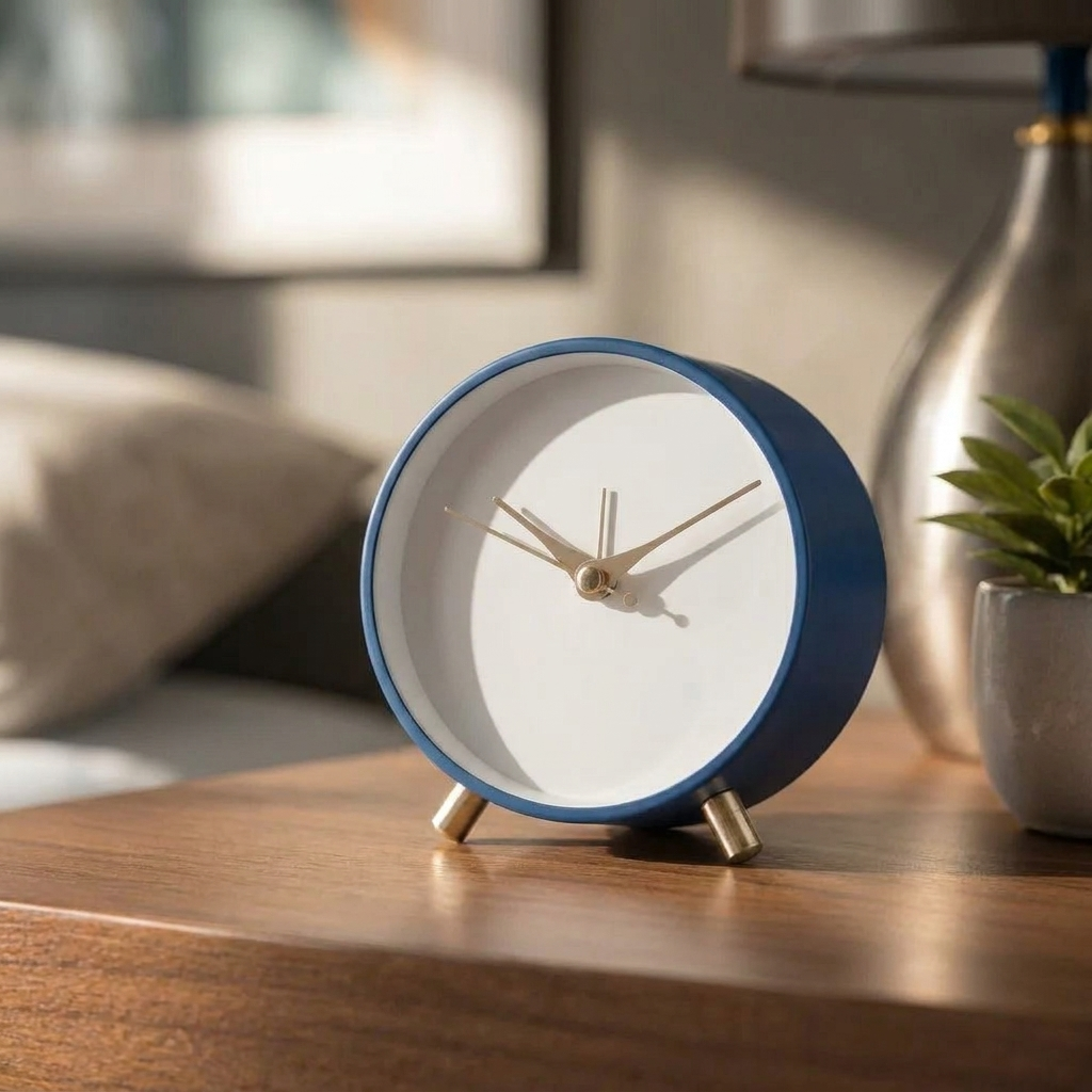 Scandinavian table clock on a bedside table