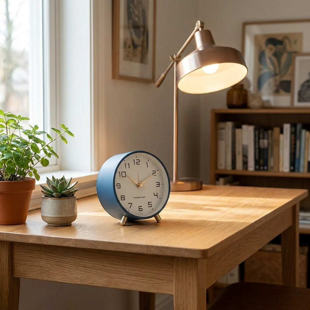 Scandinavian table clock on a wooden desk