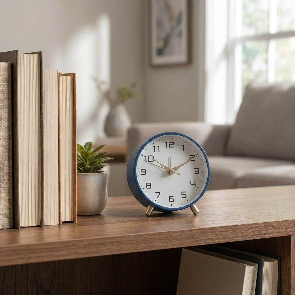 Scandinavian table clock on a living room shelf