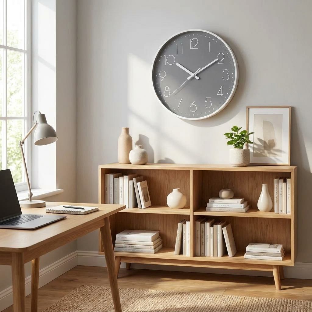 Nordic minimalist wall clock in a home office