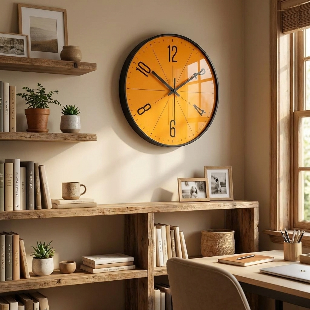 Nordic-style wall clock in a cozy home office
