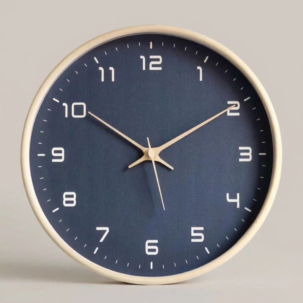 Nordic wooden wall clock with azure blue dial, clean hero shot