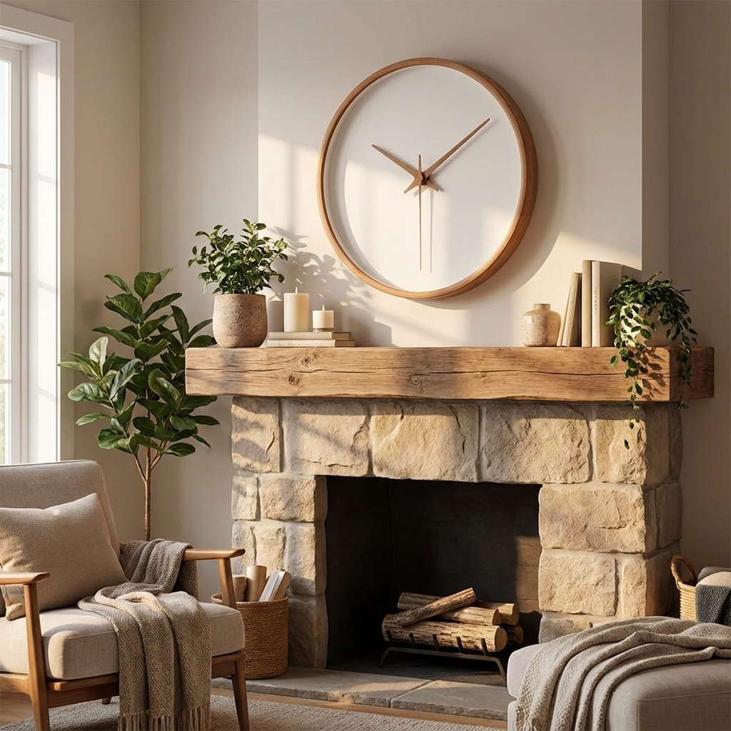 Nordic wooden wall clock above a fireplace mantel