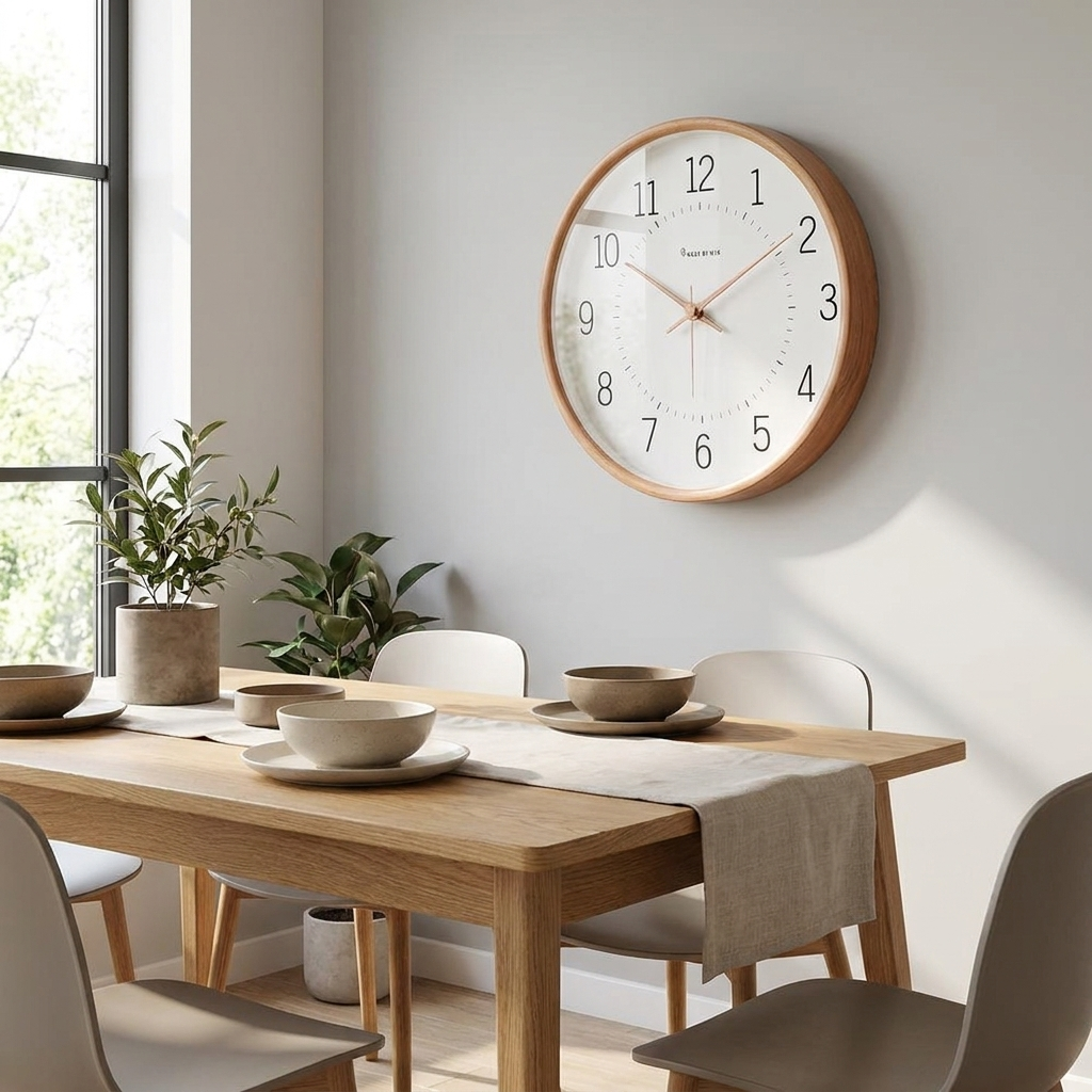 Nordic wooden wall clock in a modern dining area