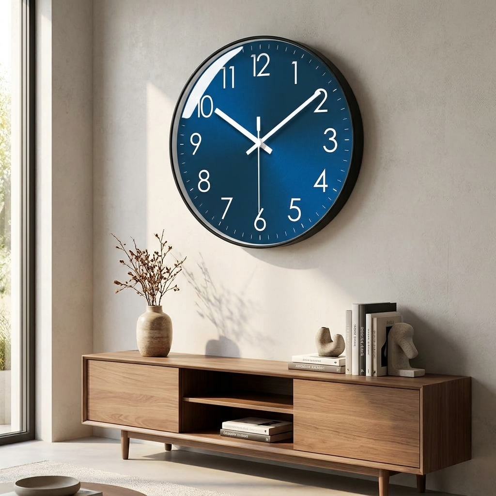 Large wall clock above a media console in a minimalist living room