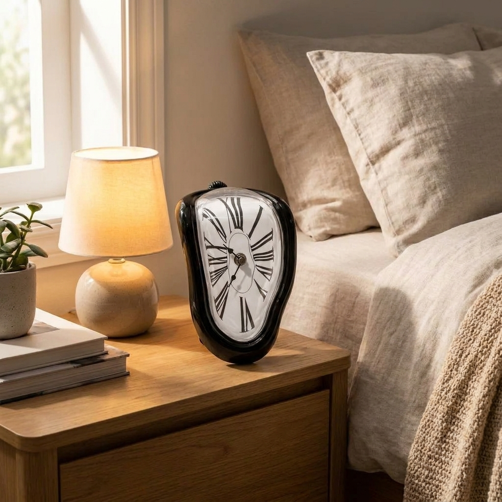 Melting table clock on a bedside table