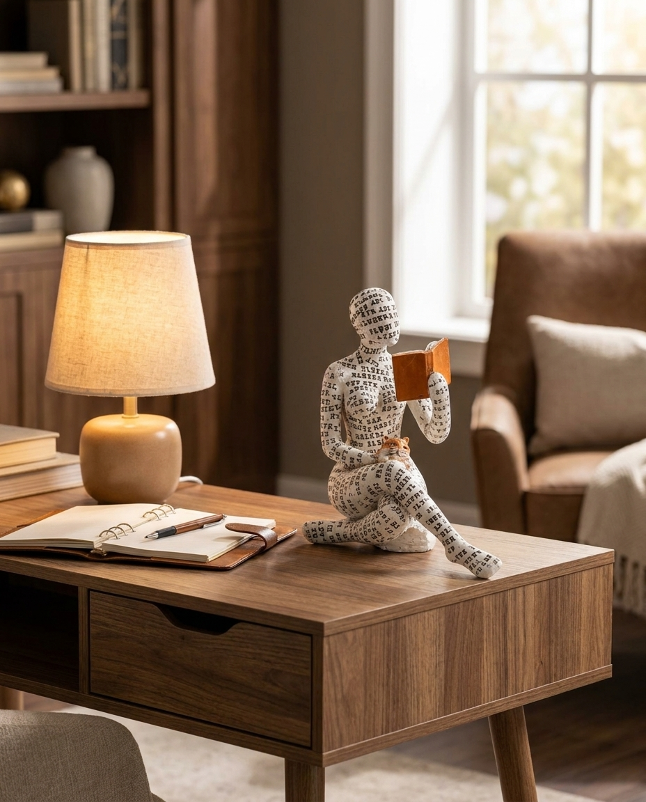 Abstract resin figure sculpture on a modern desk beside a lamp and notebook