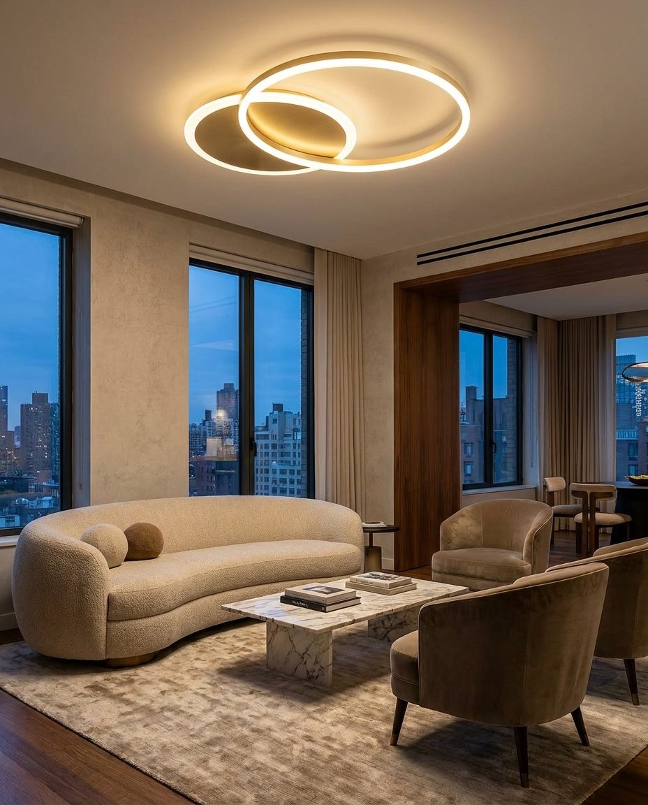 Floating ring LED ceiling light installed above a modern living room seating area