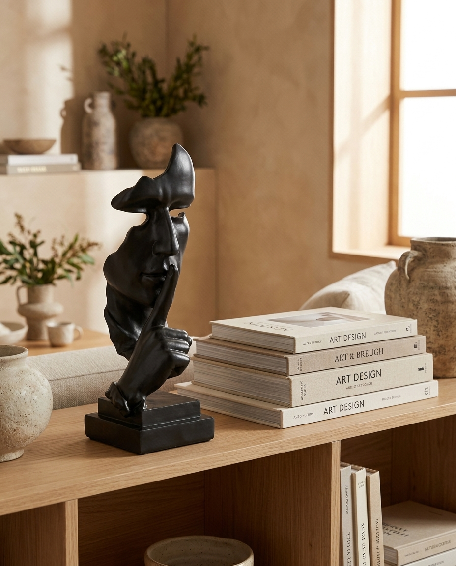 Abstract resin face sculpture on a bookshelf