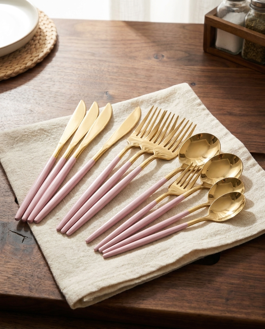 Pink and gold two-tone cutlery set fanned out on a linen napkin