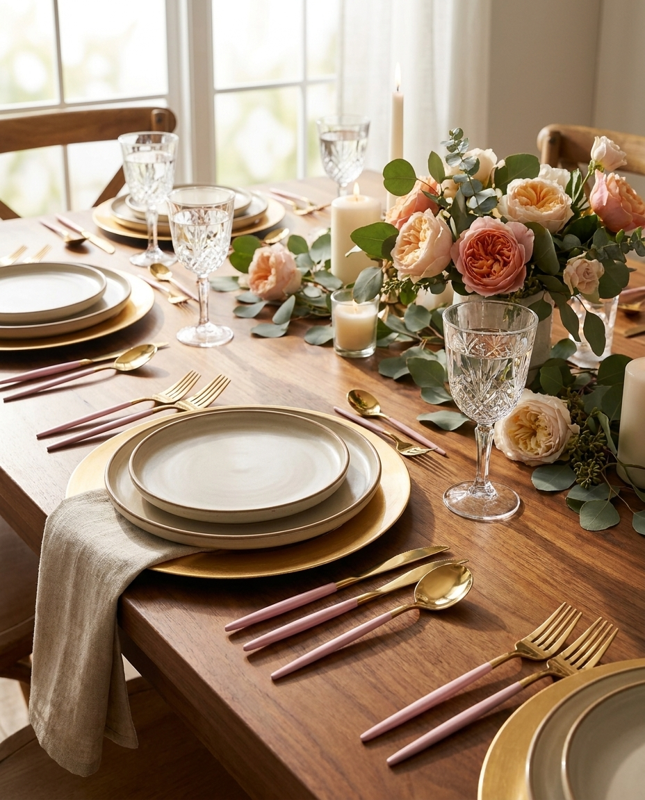 Pink and gold two-tone cutlery set laid out on a set dining table