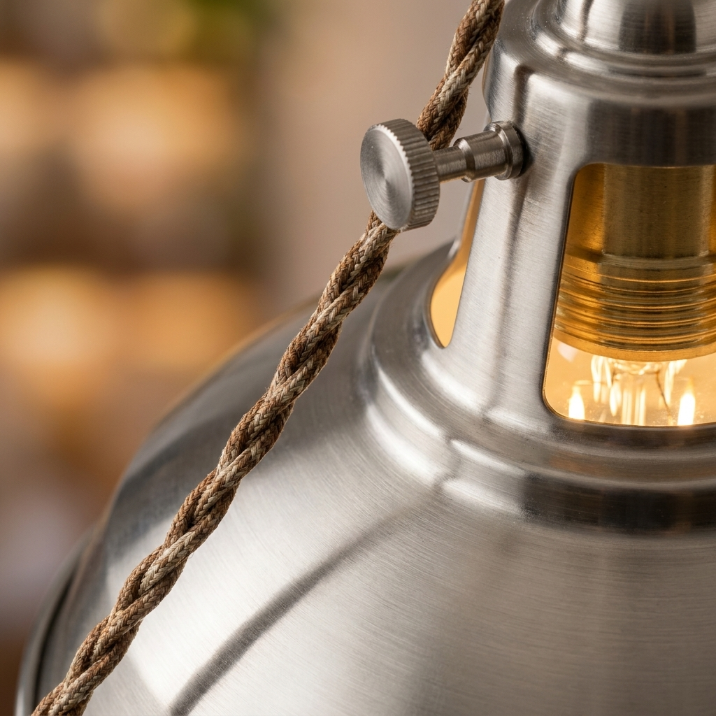 Close-up of the industrial pendant light's brushed nickel finish
