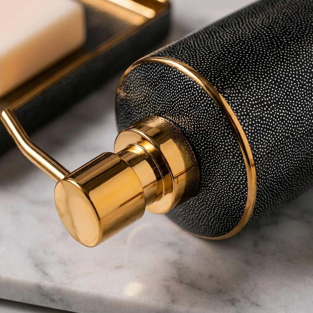 Close-up of the ceramic bathroom accessory's gold-coated accent