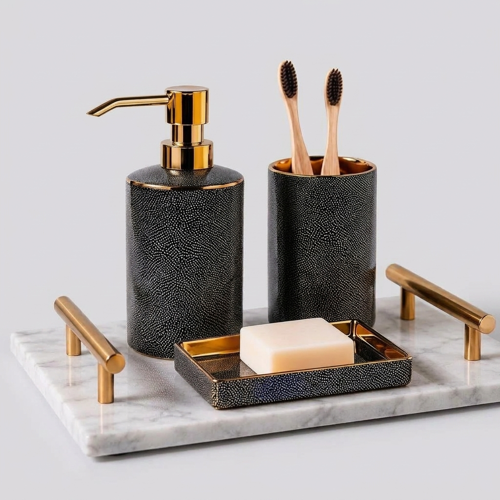 Ceramic bathroom accessories set with gold accents on clean background