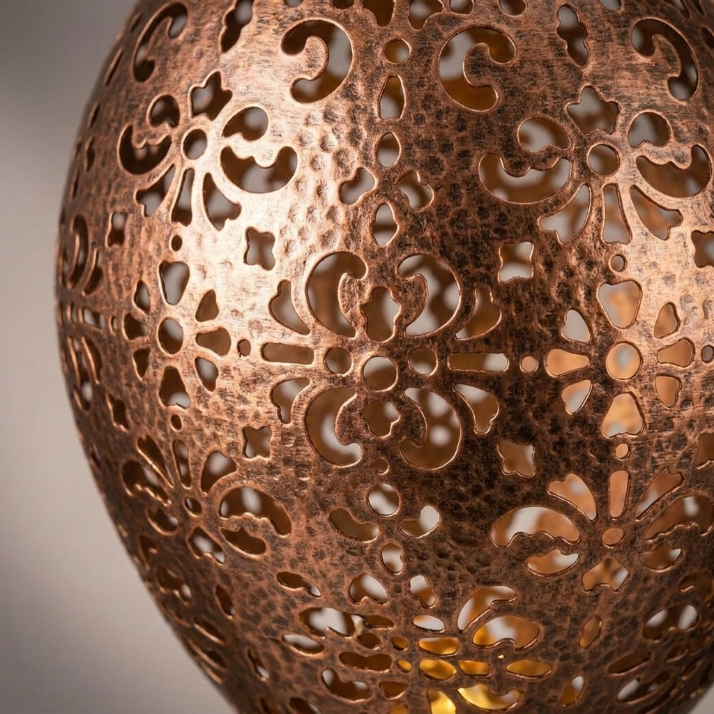 Close-up of the Moroccan-style lantern's handcrafted metalwork