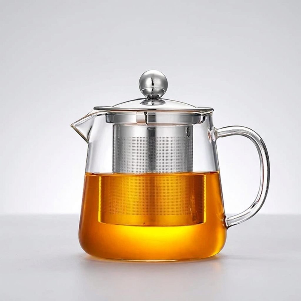 Elegant glass teapot with stainless steel infuser on clean background