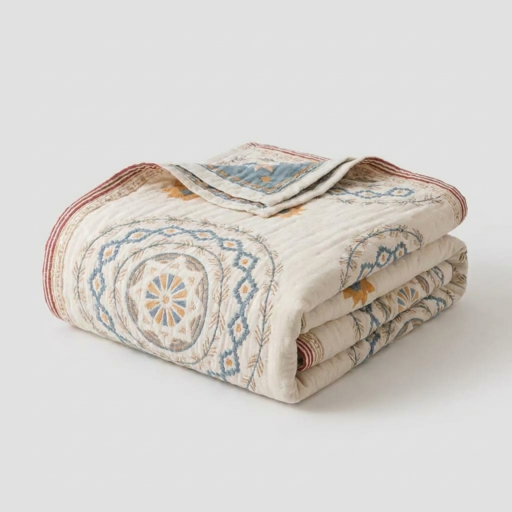 Boho mandala cotton throw blanket folded on clean background