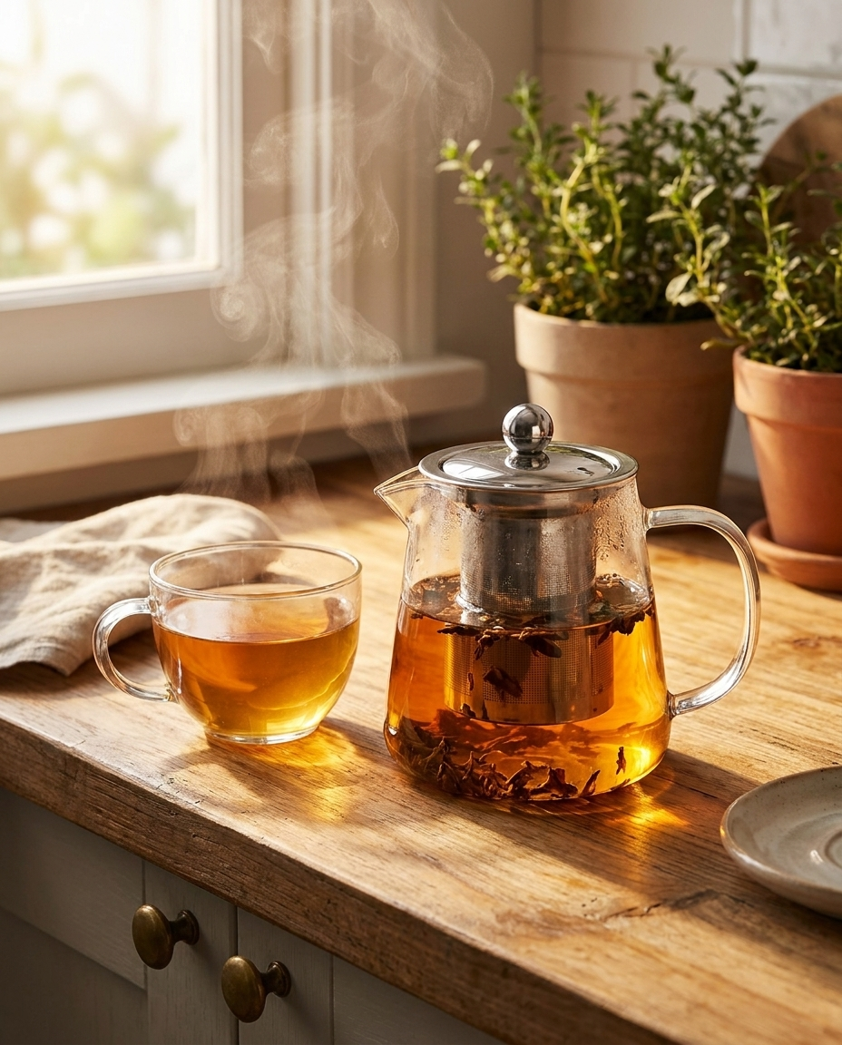 Glass teapot with tea brewing and steam rising on a kitchen counter